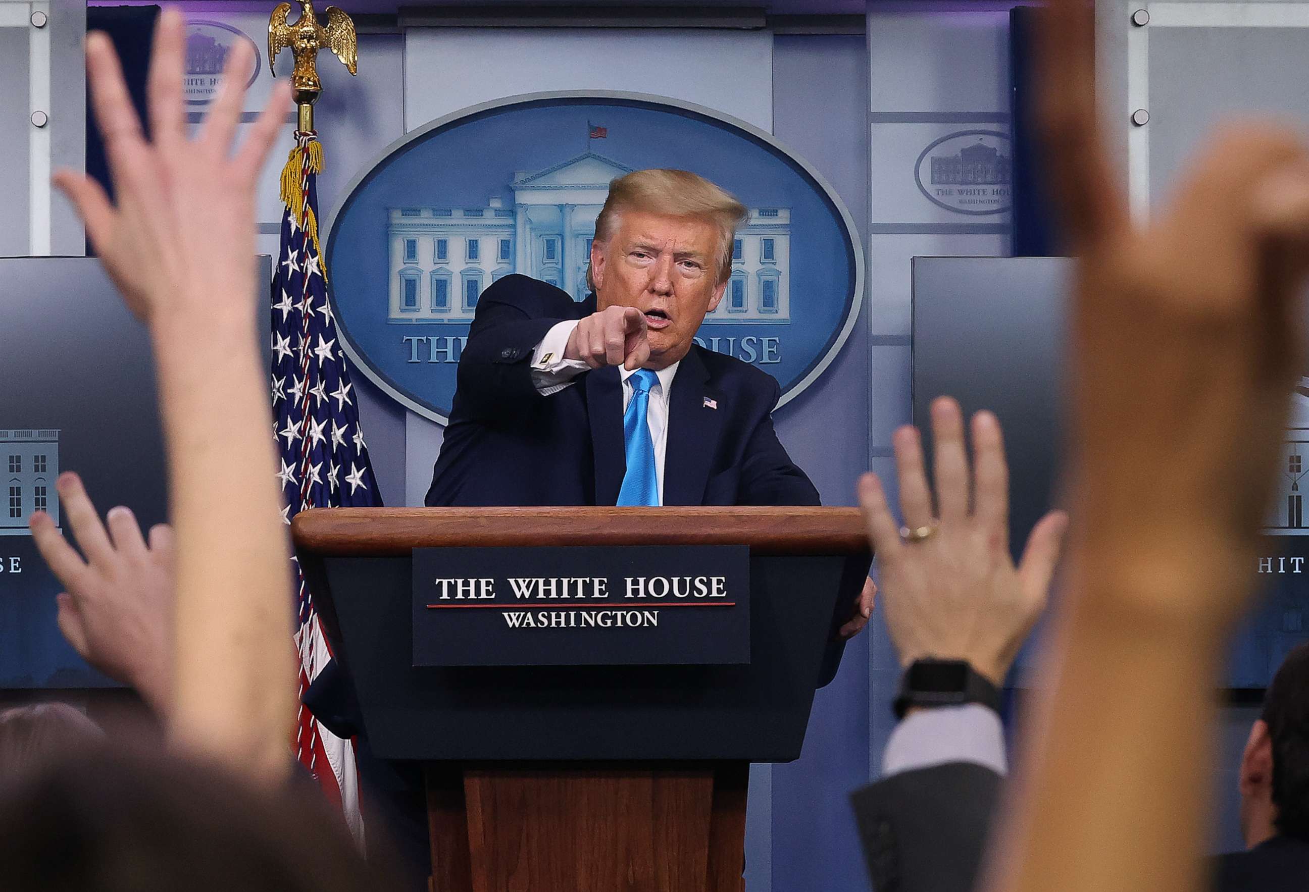 PHOTO: President Donald Trump speaks to reporters following a meeting of the coronavirus task force at the White House on April 7, 2020, in Washington.