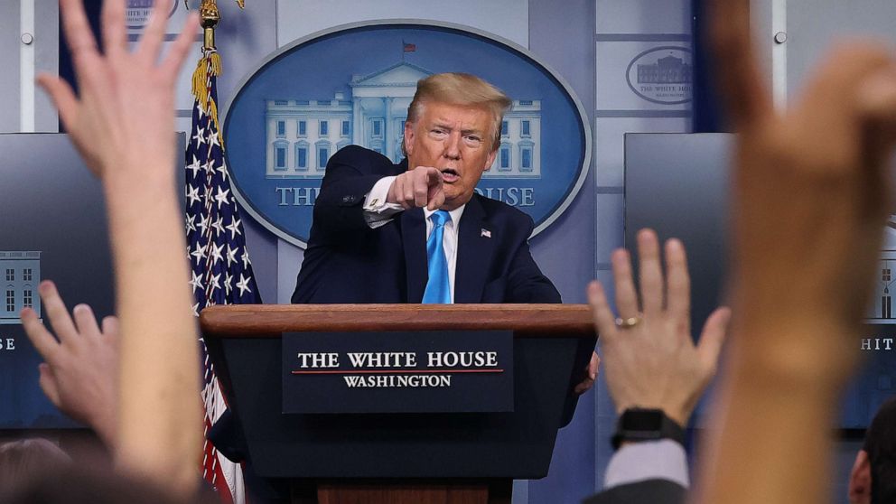 PHOTO: President Donald Trump speaks to reporters following a meeting of the coronavirus task force at the White House on April 7, 2020, in Washington.