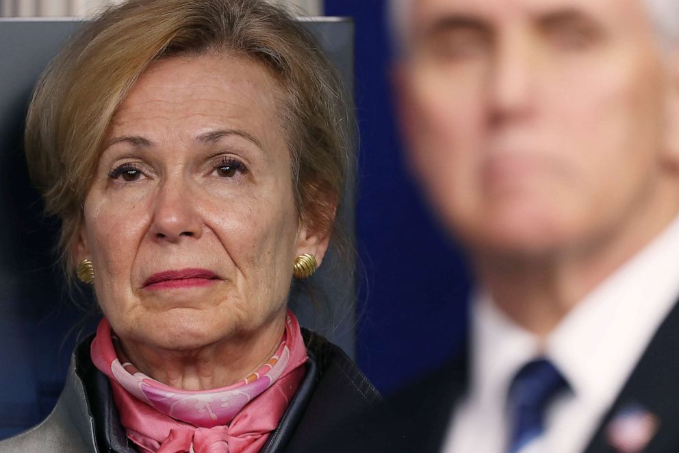 PHOTO: Dr. Deborah Brix, White House coronavirus response coordinator, attends a media briefing following a meeting of the coronavirus task force, in the Brady Press Briefing?Room at the White House on April 7, 2020, in Washington.