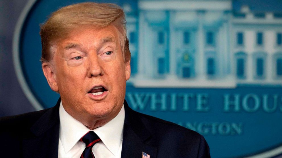 PHOTO: President Donald Trump speaks during the daily briefing on the novel coronavirus, COVID-19, in the Brady Briefing Room at the White House on March 27, 2020, in Washington.