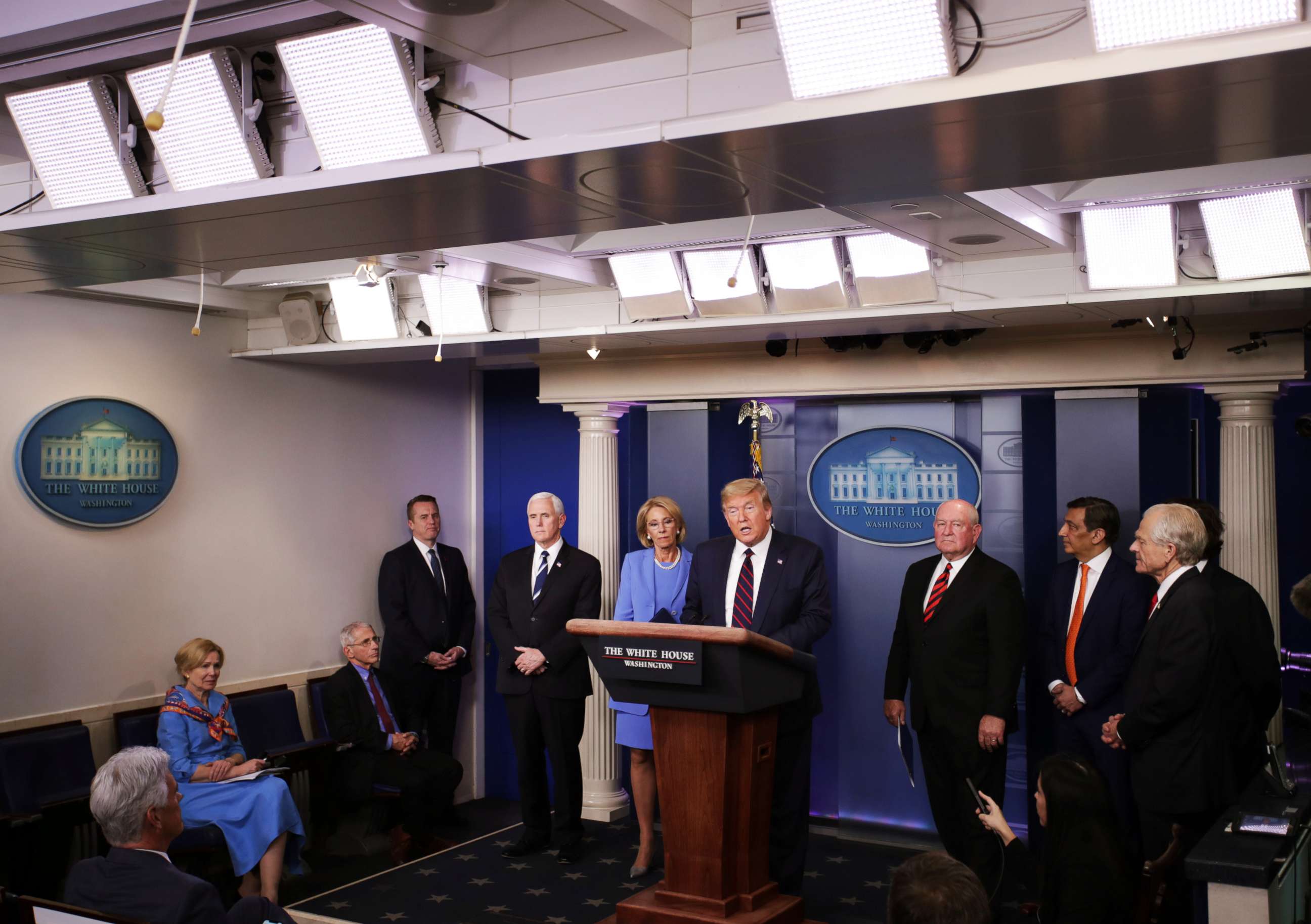 PHOTO: President Donald Trump addresses the daily coronavirus response briefing at the White House in Washington, March 27, 2020.