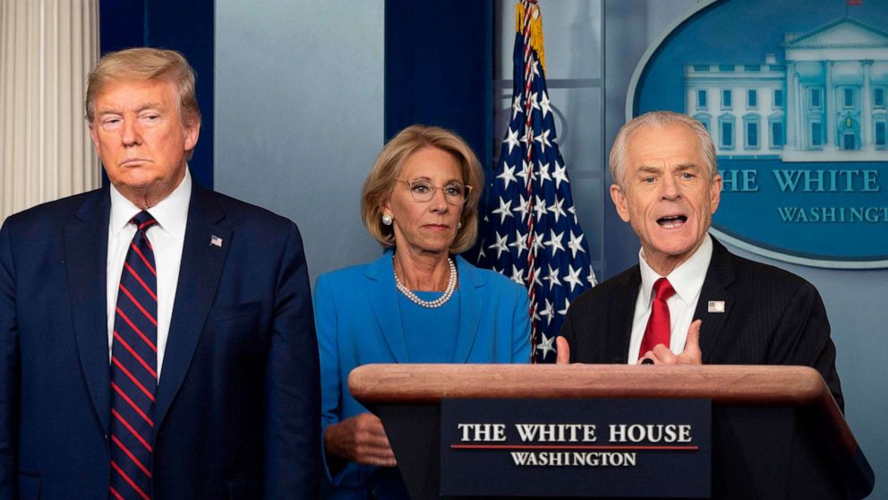 PHOTO: White House Trade and Manufacturing Policy adviser Peter Navarro speaks during the daily briefing on the novel coronavirus in the Brady Briefing Room at the White House on March 27, 2020, in Washington.