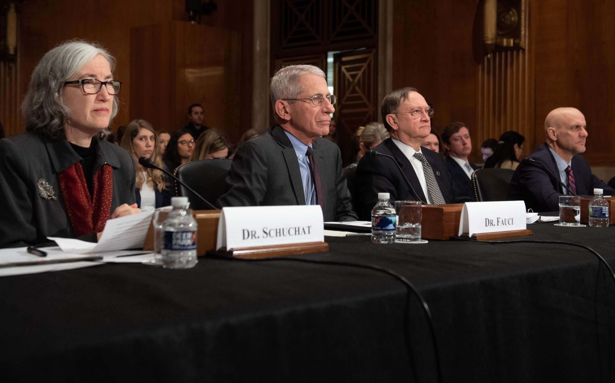 PHOTO: Anne Schuchat of the CDC, National Institute for Allergy and Infectious Diseases Director Dr. Anthony Fauci, Dr. Robert Kadlec of HHS, and FDA Commissioner Dr. Stephen Hahn appear before a Senate committee, March 3, 2020, in Washington.