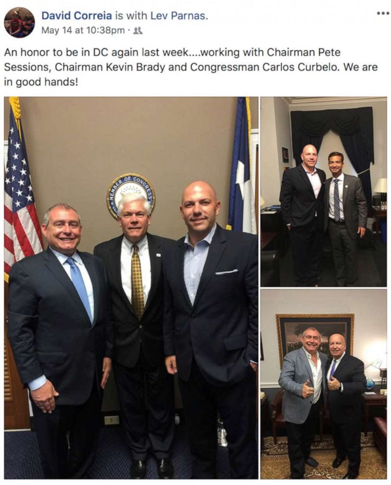 PHOTO: Ukrainian-American businessman Lev Parnas and businessman David Correia appear with former U.S. Rep. Pete Sessions (R-TX), Rep. Kevin Brady (R-TX) and former Rep. Carlos Curbelo (R-FL) in a 2018 screen capture from Correia's social media account.