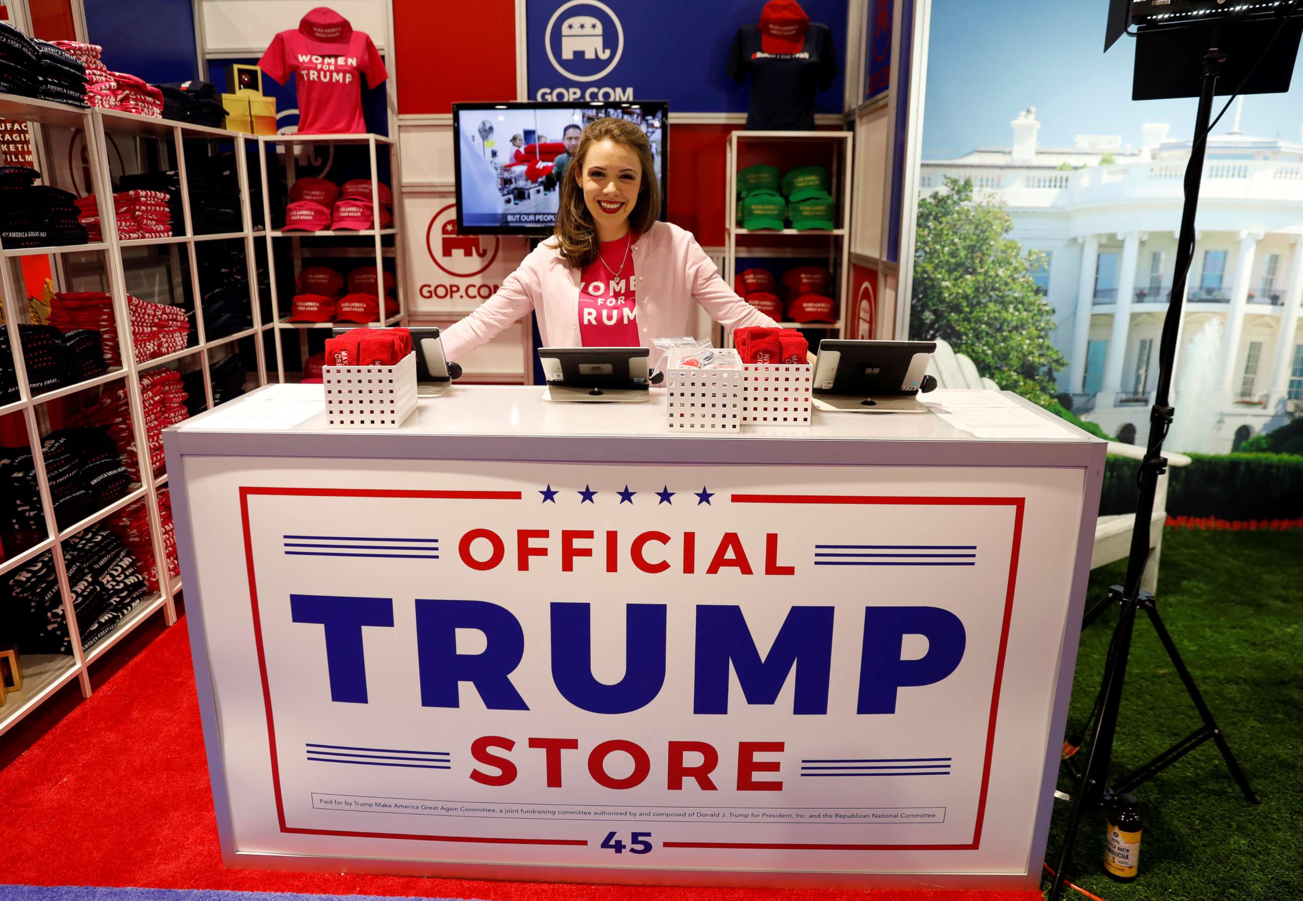 PHOTO: Merritt Corrigan tends the Official Trump Store at the Conservative Political Action Conference (CPAC) at National Harbor, Maryland, Feb. 22, 2018.