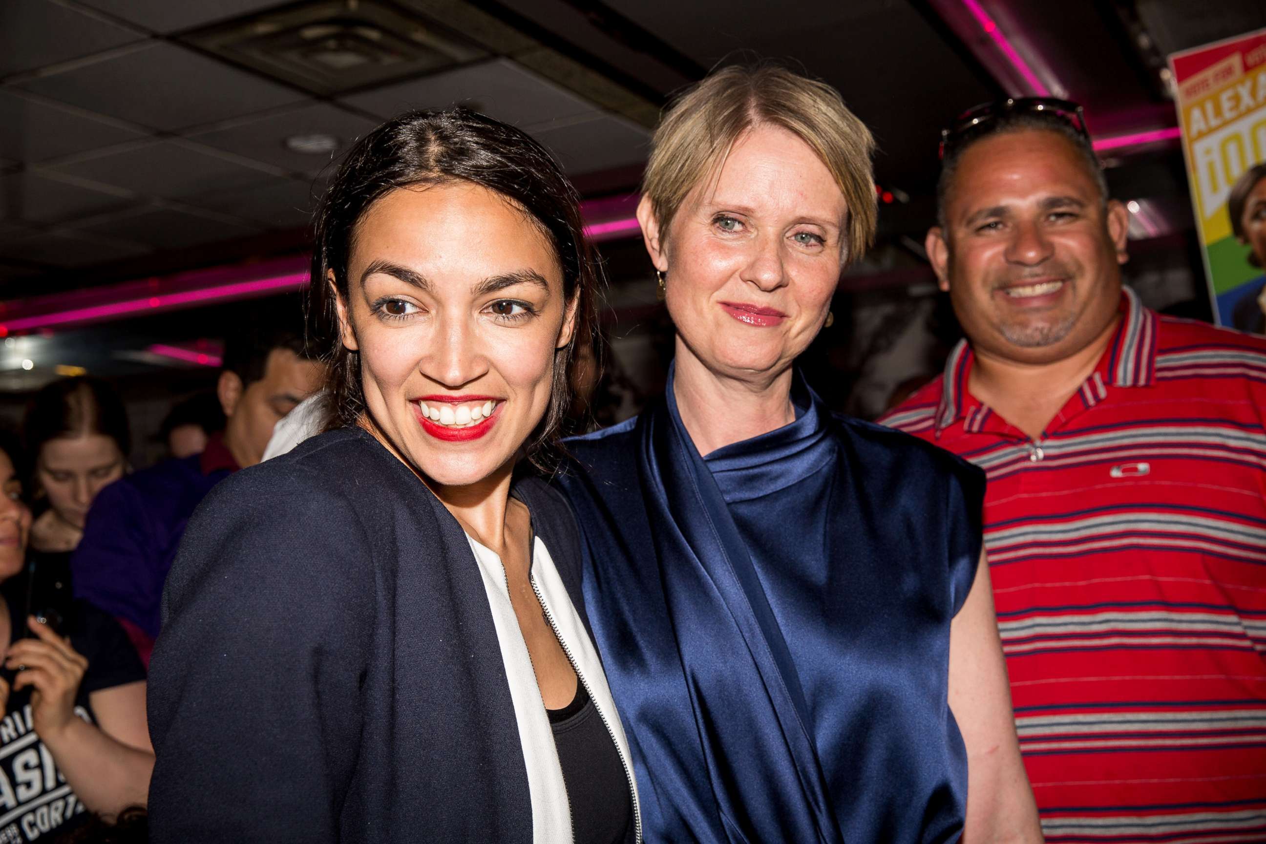 PHOTO: Progressive challenger Alexandria Ocasio-Cortez is joined by New York gubenatorial candidate Cynthia Nixon at her victory party in the Bronx after upsetting incumbent Democratic Representative Joseph Crowly, June 26, 2018, in New York City.