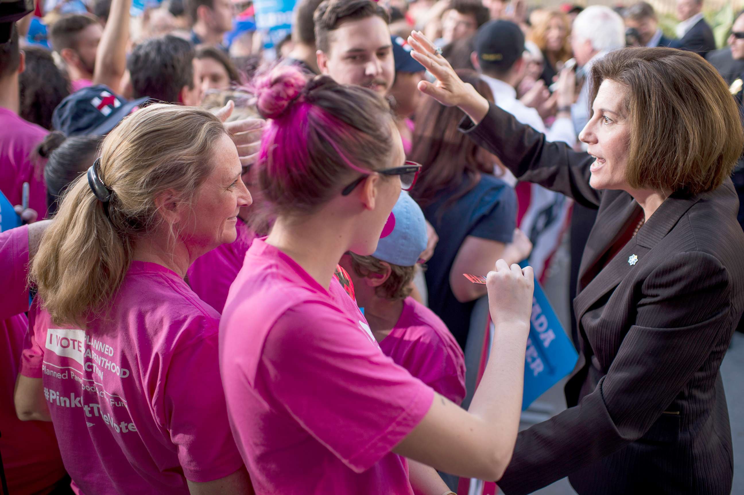 PHOTO: Catherine Cortez Masto, Democratic candidate for Senate from Nevada, shakes hands with the crowd after a campaign rally in Las Vegas, Nov. 6, 2016.