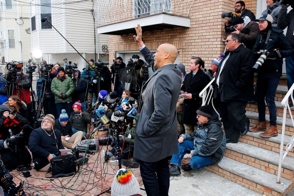 PHOTO: Sen. Cory Booker announces his run for US president in 2020, on Feb. 1, 2019, outside his home in Newark, N.J.