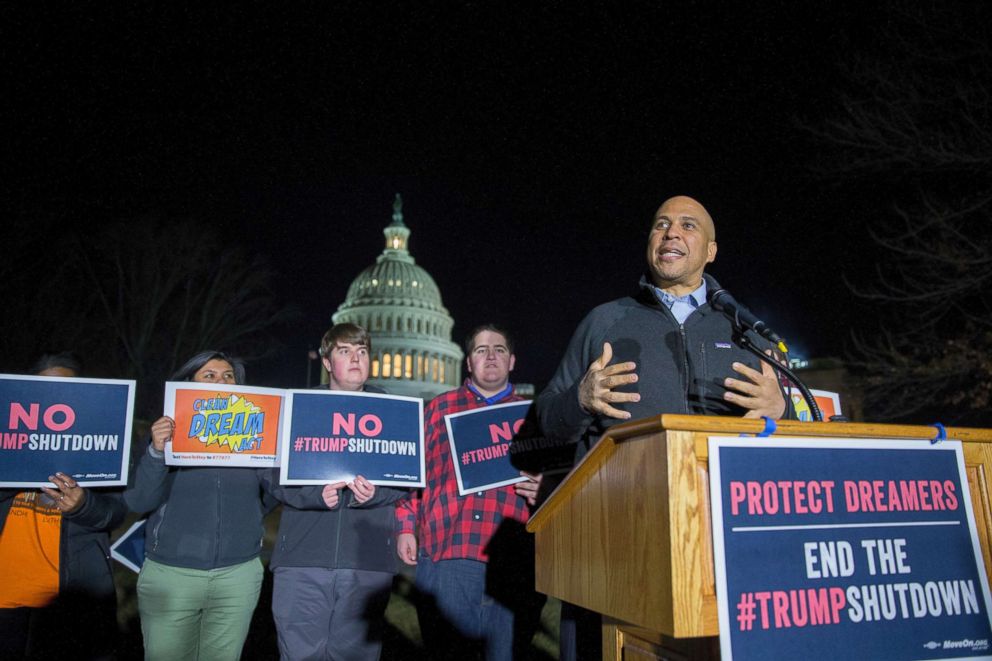 PHOTO: Sen. Cory Booker speaks at a rally outside the U.S. Capitol on Jan. 19, 2018 in Washington.