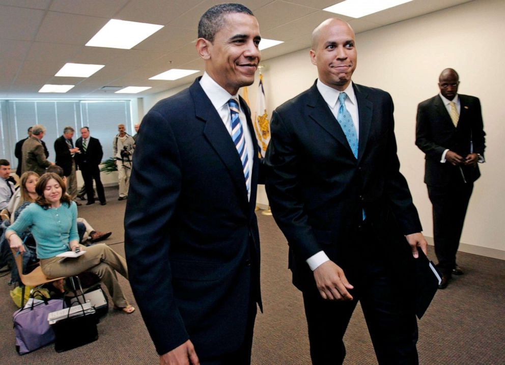 PHOTO: Democratic presidential candidate Barack Obama walks with Newark Mayor Cory Booker after Booker endorsed Obama at a news conference at  Teterboro, N.J., May 14, 2007.