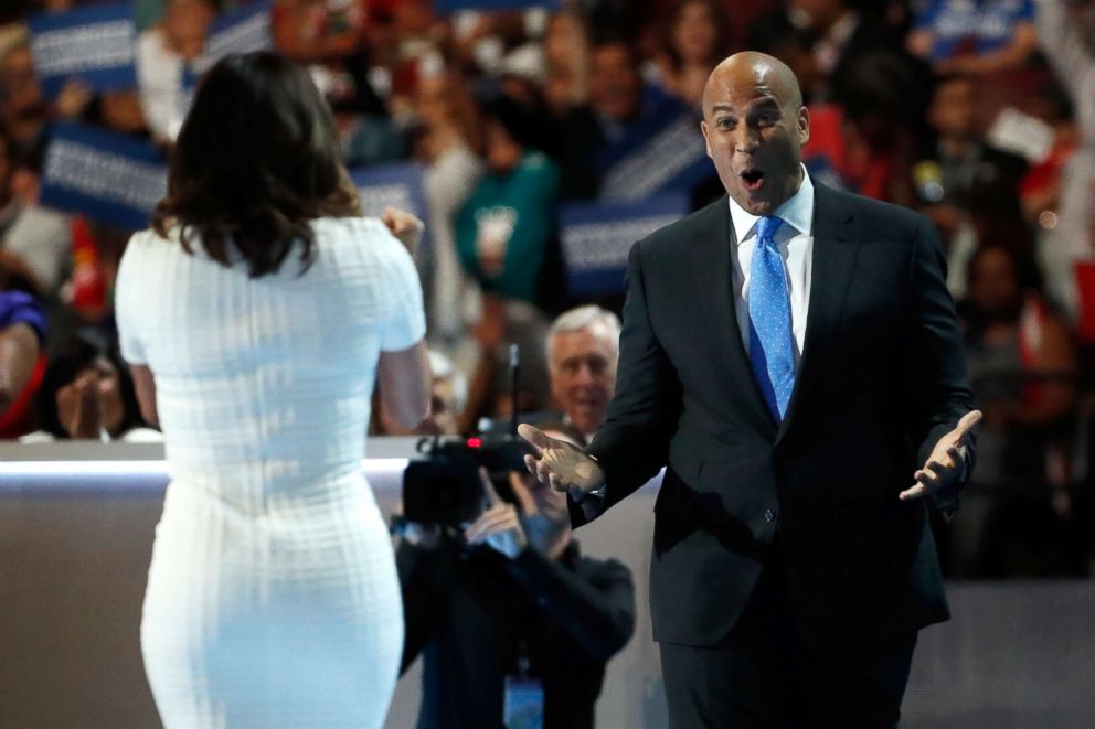 PHOTO: Sen. Cory Booker reacts after actress Eva Longoria introduced him on the first day of the Democratic National Convention at the Wells Fargo Center, July 25, 2016, in Philadelphia.