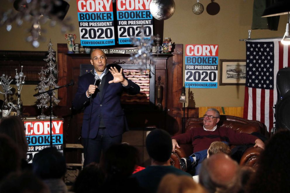 PHOTO: Sen. Cory Booker, D-N.J., speaks during a meet and greet with local residents, Feb. 9, 2019, in Marshalltown, Iowa.
