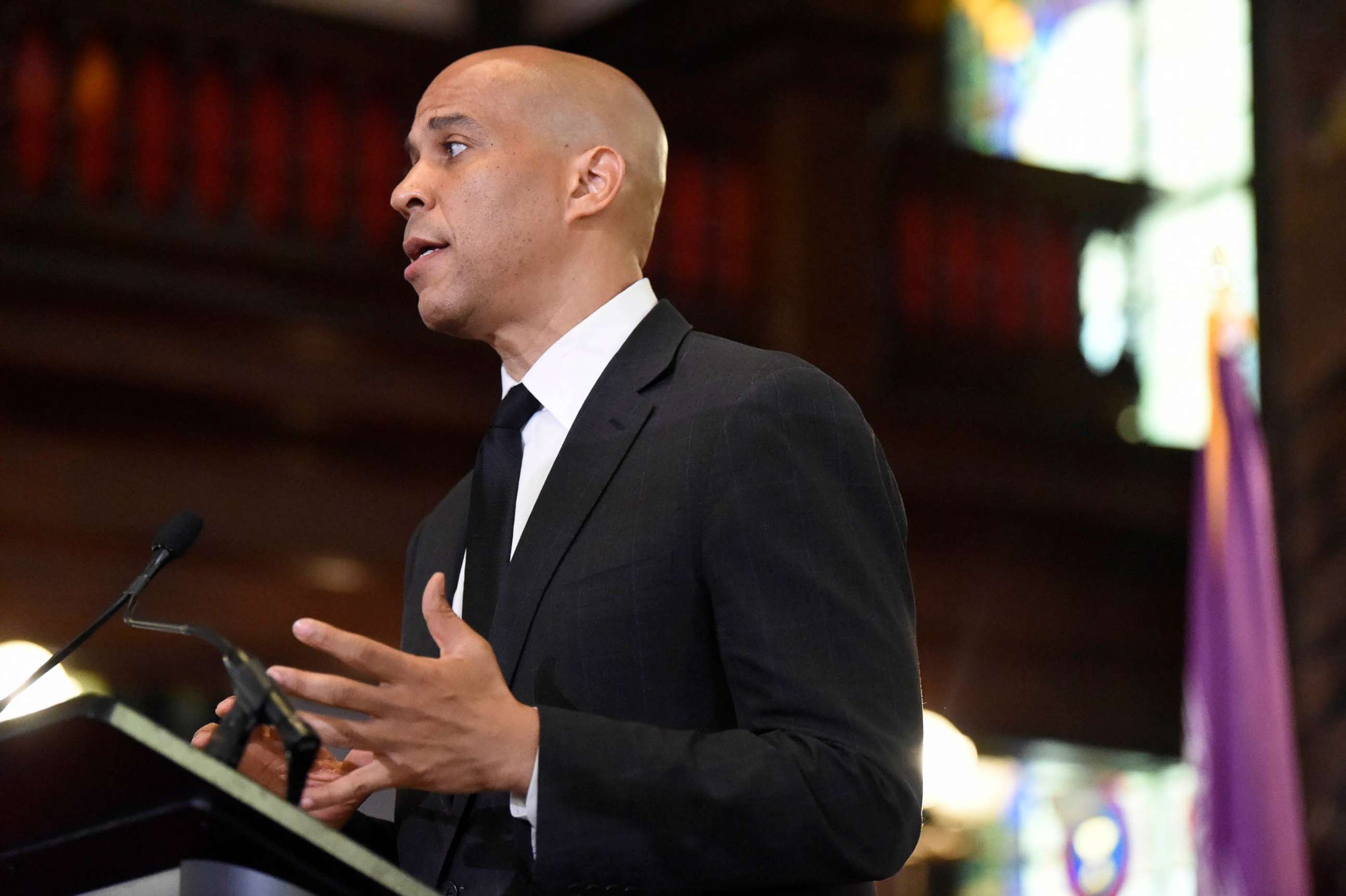 PHOTO: Democratic presidential candidate, Sen. Cory Booker speaks about gun violence and white supremacy in the sanctuary of Mother Emanuel AME on Aug. 7, 2019, in Charleston, S.C.