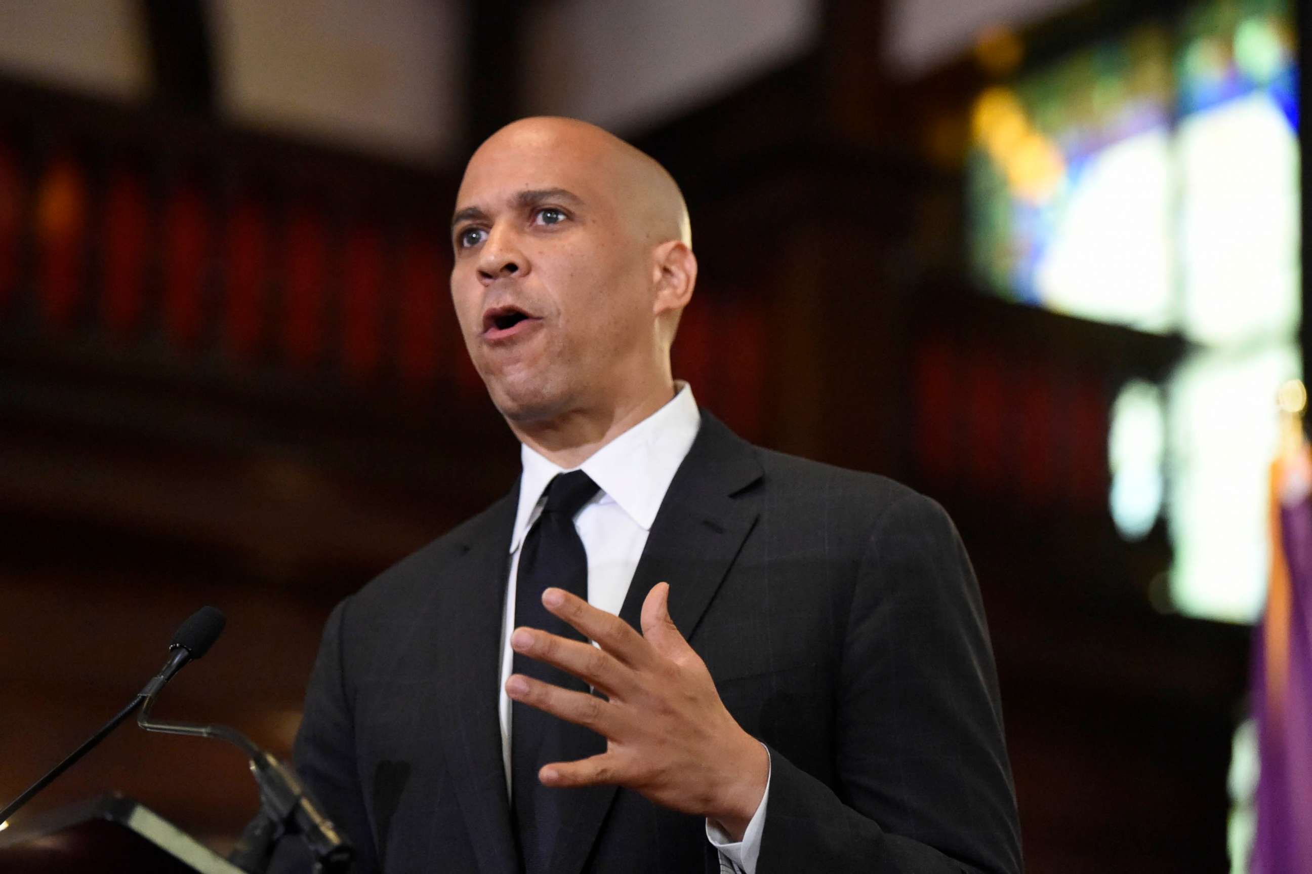 PHOTO: Democratic presidential candidate, Sen. Cory Booker speaks about gun violence and white supremacy in the sanctuary of Mother Emanuel AME on Aug. 7, 2019, in Charleston, S.C.