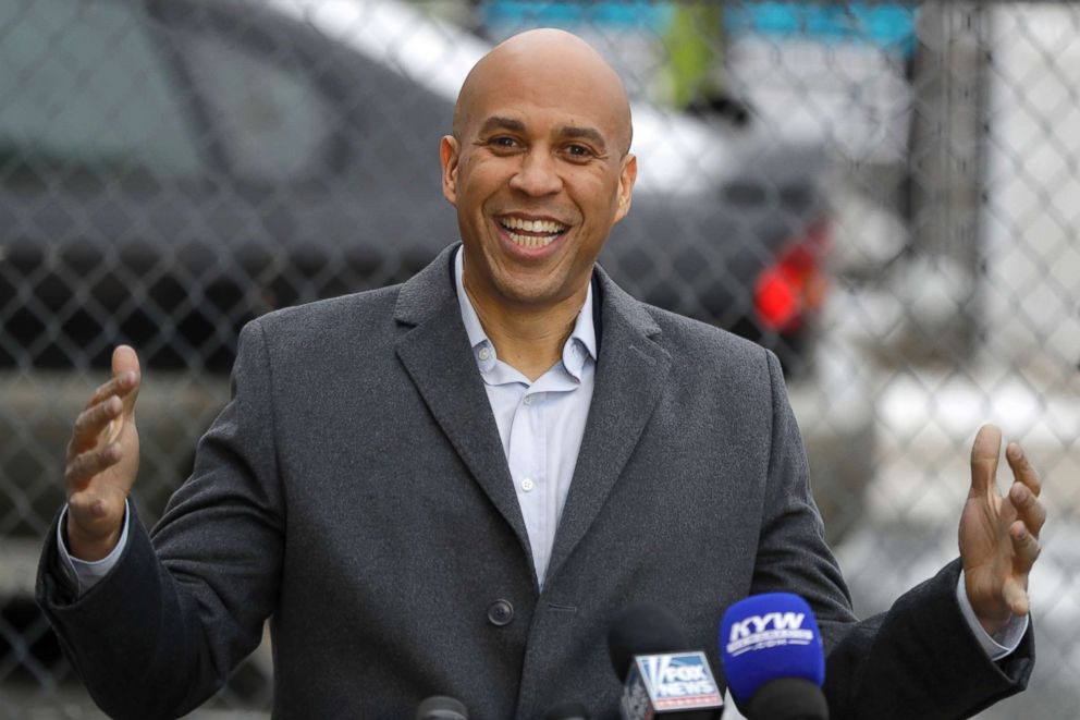 PHOTO: Sen. Cory Booker, D-NJ, speaks during a news conference outside of his home,  Feb. 1, 2019, in Newark, N.J. Booker earlier in the day declared his bid for the presidency.