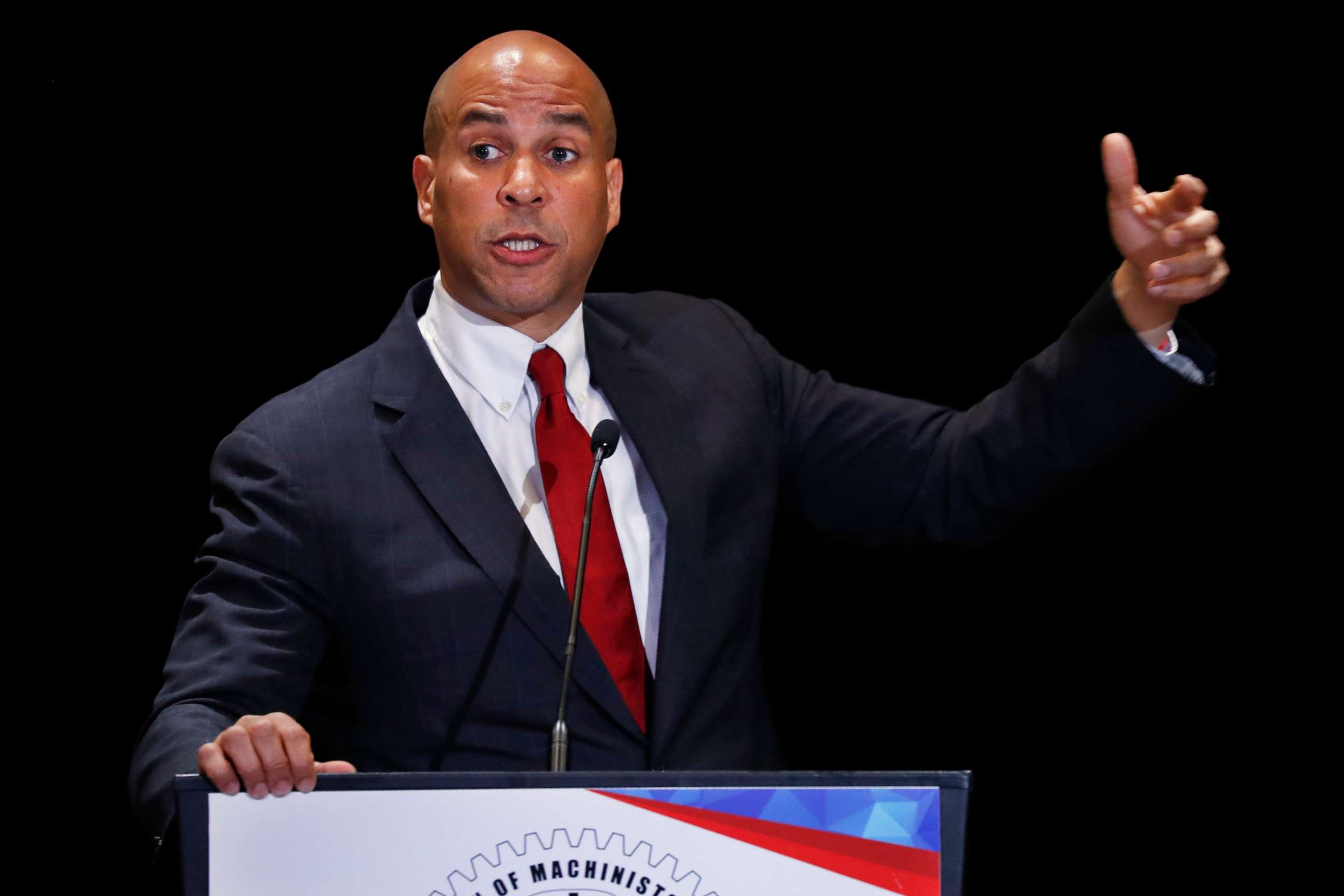 PHOTO: Democratic presidential candidate Sen. Cory Booker speaks during the Machinists Union Legislative Conference, May 7, 2019, in Washington.