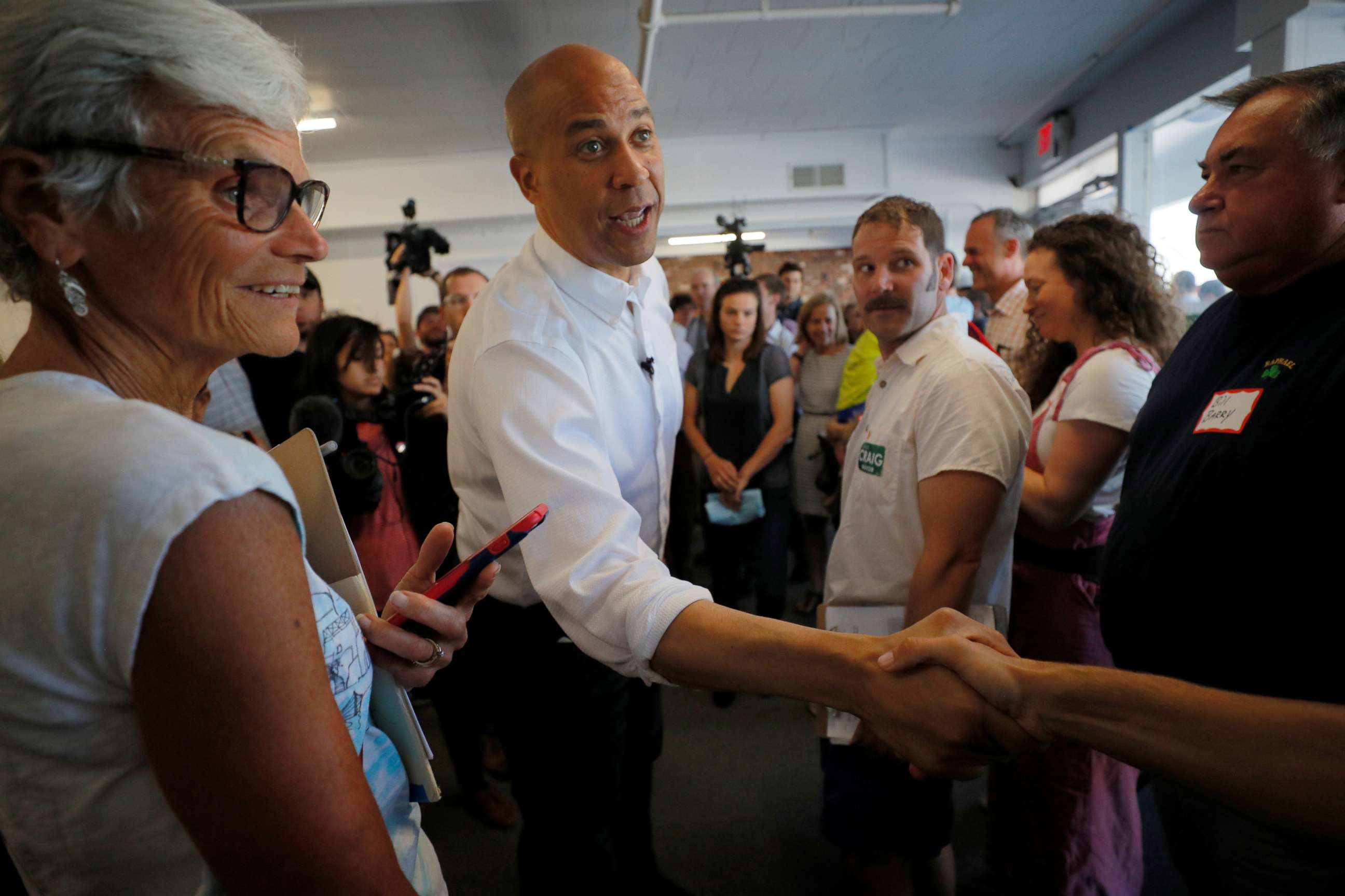 PHOTO: Democratic 2020 U.S. presidential candidate and U.S. Sen. Cory Booker, D-N.J., arrives for a campaign stop in Manchester, N.H., on Saturday, July 13, 2019.