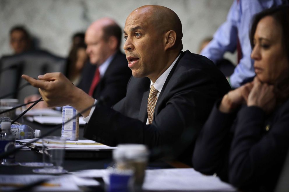 PHOTO: Sen. Cory Booker asks a question during a hearing in the Hart Senate Office Building on Capitol Hill March 14, 2018 in Washington.
