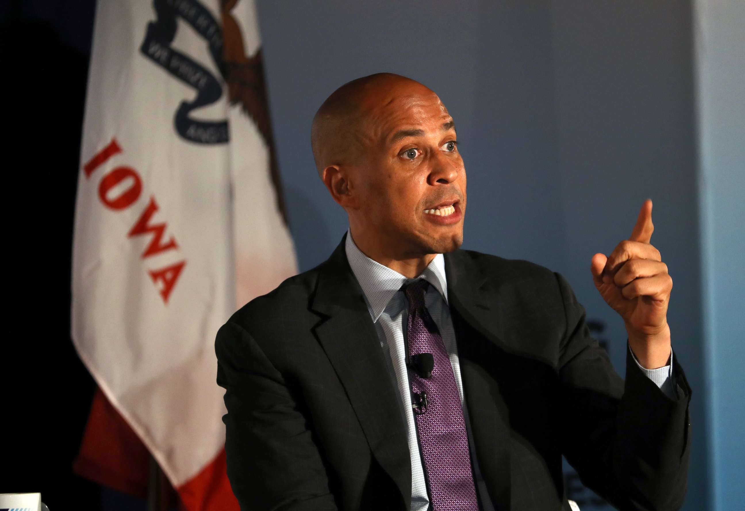 PHOTO: Sen. Cory Booker speaks during the AARP and The Des Moines Register Iowa Presidential Candidate Forum at Drake University, July 15, 2019, in Des Moines, Iowa.
