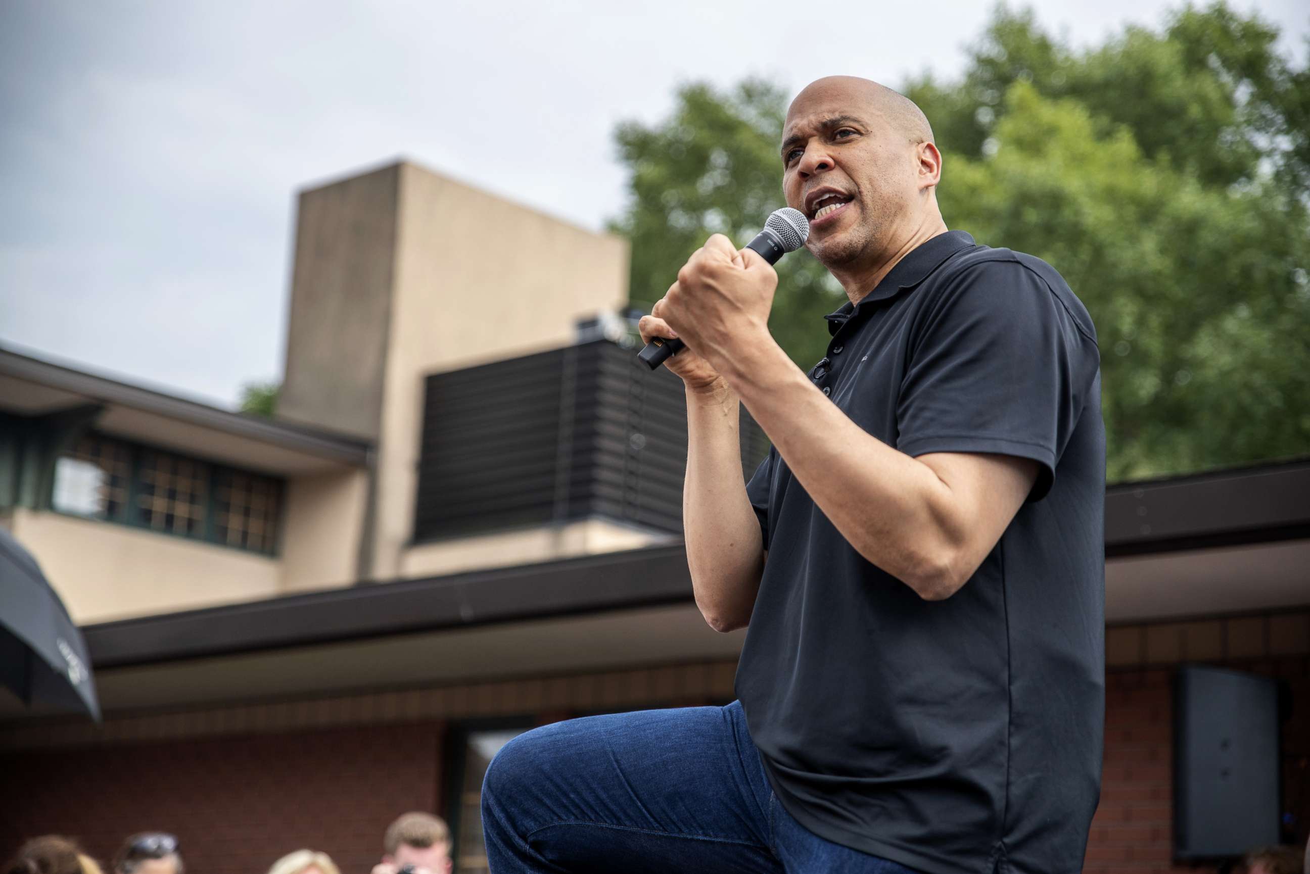PHOTO: Democratic presidential candidate U.S. Sen. Cory Booker (D-NJ) speaks to a crowd at the Iowa State Fair, Aug. 10, 2019, in Des Moines, Iowa.