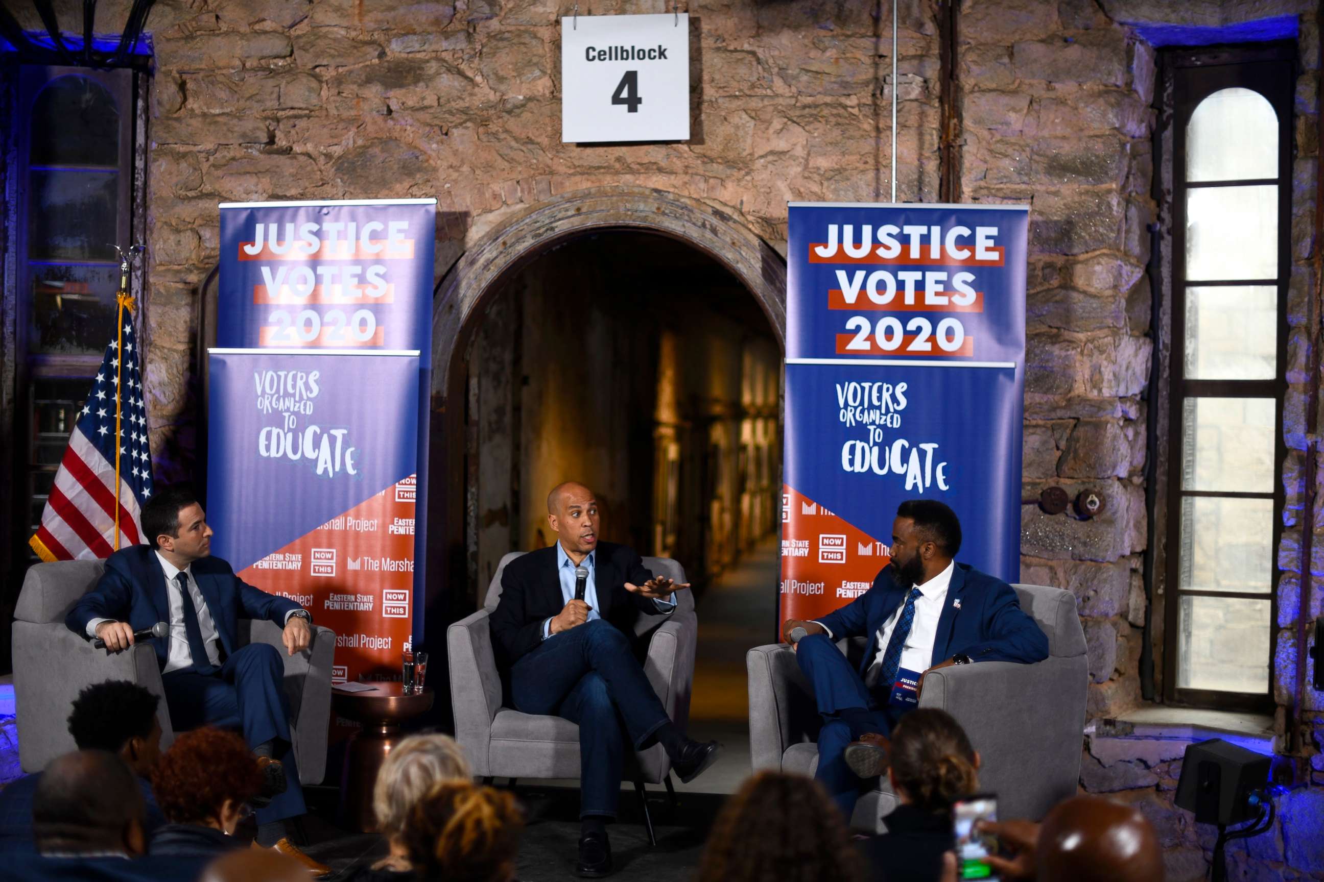 PHOTO: Democratic presidential candidate, Sen. Cory Booker speaks during a town hall at the Eastern State Penitentiary on October 28, 2019, in Philadelphia, PA.