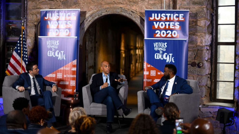 PHOTO: Democratic presidential candidate, Sen. Cory Booker speaks during a town hall at the Eastern State Penitentiary on October 28, 2019, in Philadelphia, PA.