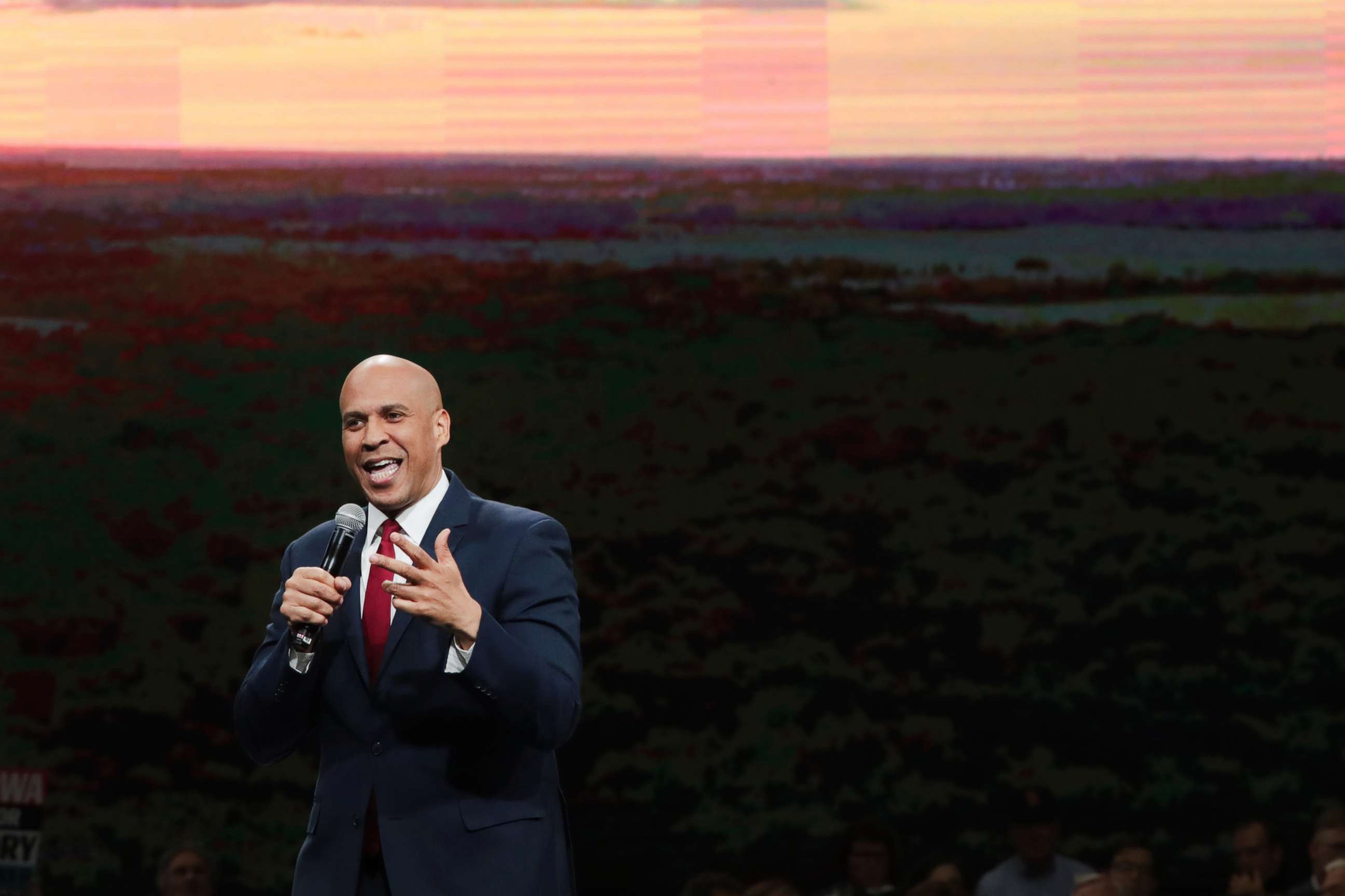 PHOTO: Democratic presidential candidate Sen. Cory Booker speaks at the Liberty and Justice Celebration at the Wells Fargo Arena on Nov. 01, 2019, in Des Moines, Iowa.