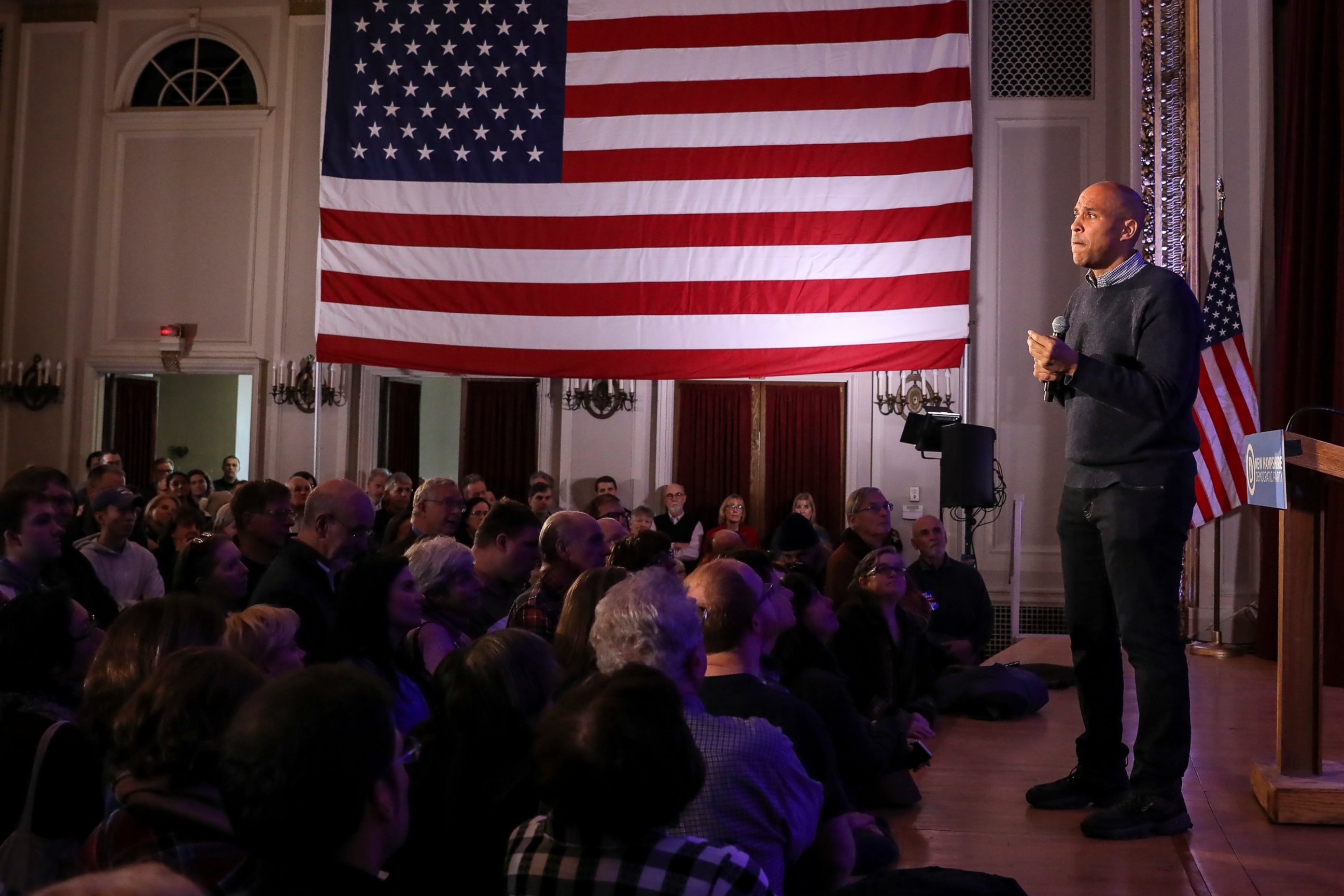 PHOTO: U.S. Sen. Cory Booker, D-N.J., pauses while sharing a personal story while speaking at a post-midterm election victory celebration in Manchester, N.H., on Sunday, Dec. 8, 2018.