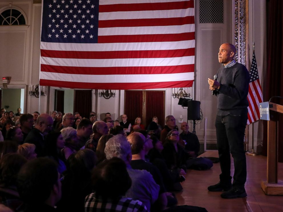   PHOTO: US Senator Cory Booker, DN.J., pauses by telling a personal story while he was speaking at a celebration of the post-election victory in Manchester , New Hampshire, Sunday, December 8, 2018. 