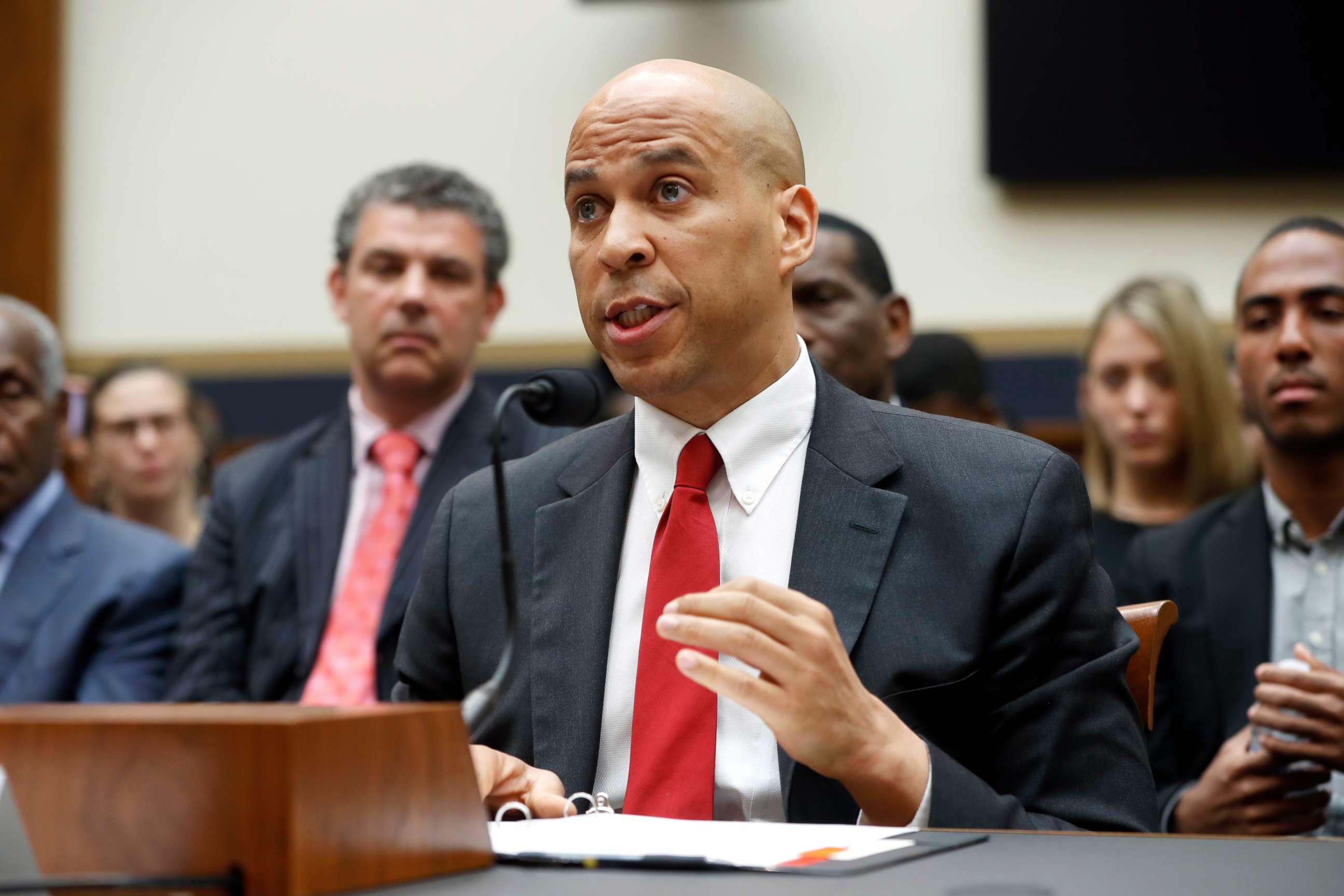 PHOTO: Sen. Cory Booker testifies about reparation for the descendants of slaves during a hearing before the House Judiciary Subcommittee on the Constitution, Civil Rights and Civil Liberties, at the Capitol in Washington, June 19, 2019.