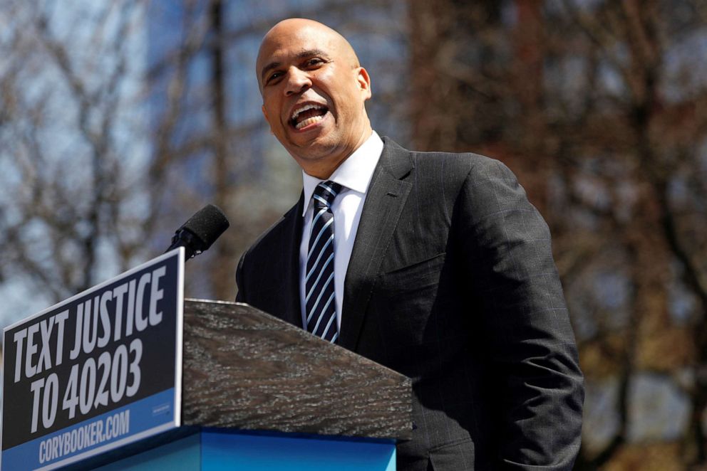 U.S. Senator Cory Booker speaks at his Hometown Kickoff event, part of the senator's "Justice for All" tour, the first such national tour of his presidential campaign in Newark, N.J., April 13, 2019.