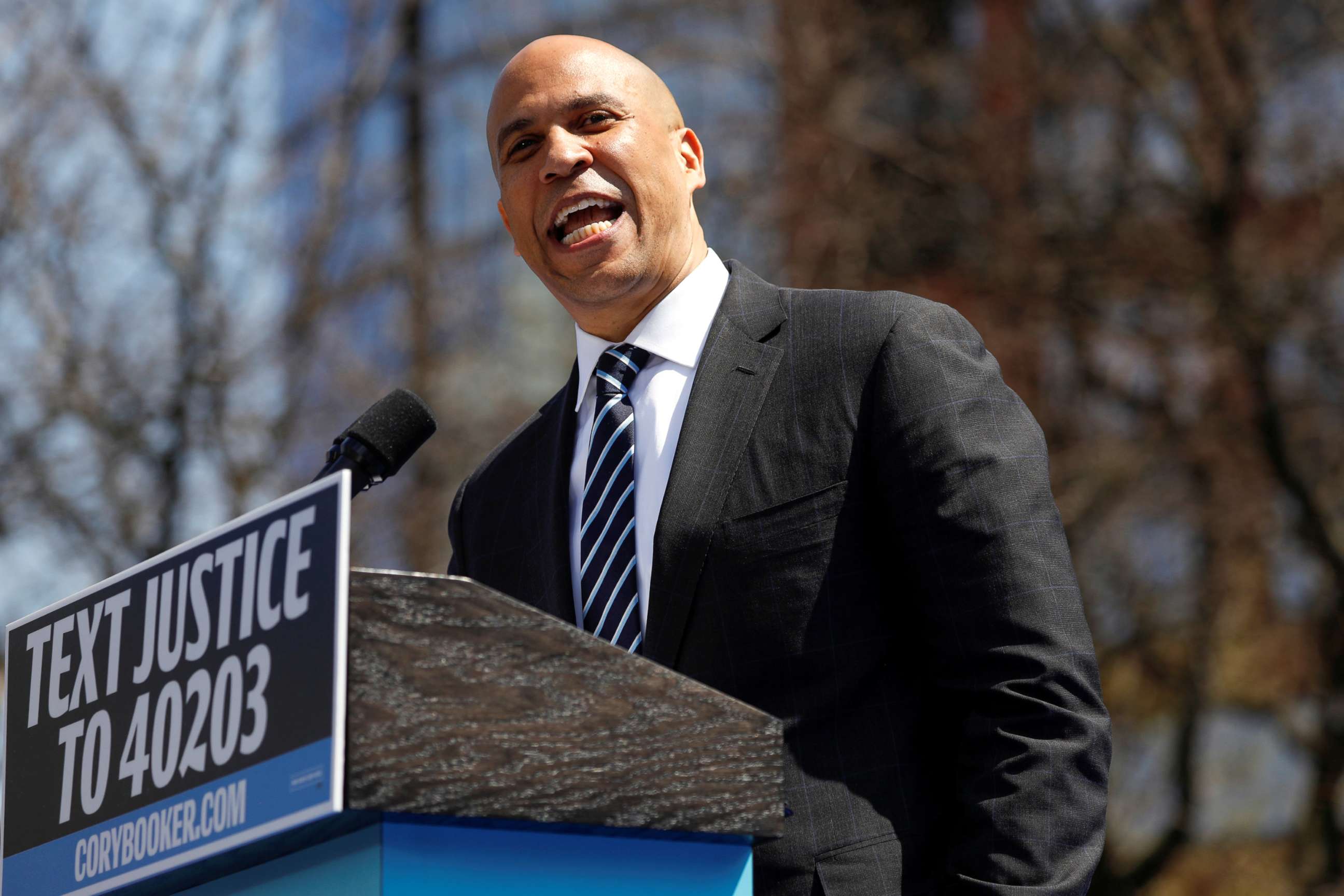 PHOTO: U.S. Senator Cory Booker speaks at his Hometown Kickoff event, part of the senator's "Justice for All" tour, the first such national tour of his presidential campaign in Newark, N.J., April 13, 2019.