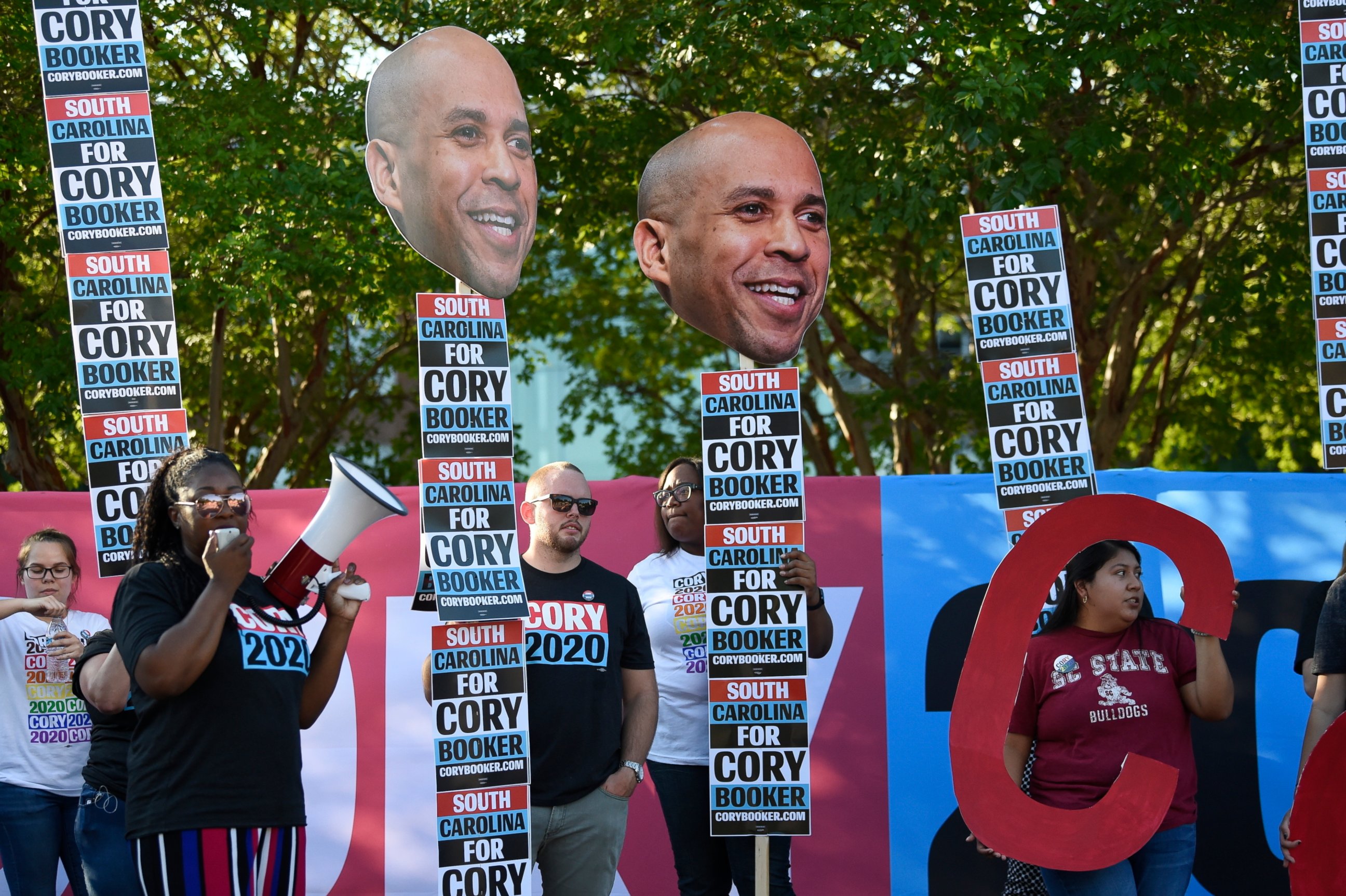 PHOTO: Supporters of New Jersey Sen. Cory Booker rally for the Democratic presidential hopeful ahead of Majority Whip Jim Clyburn's "World Famous Fish Fry" on Friday, June 21, 2019, in Columbia, S.C.