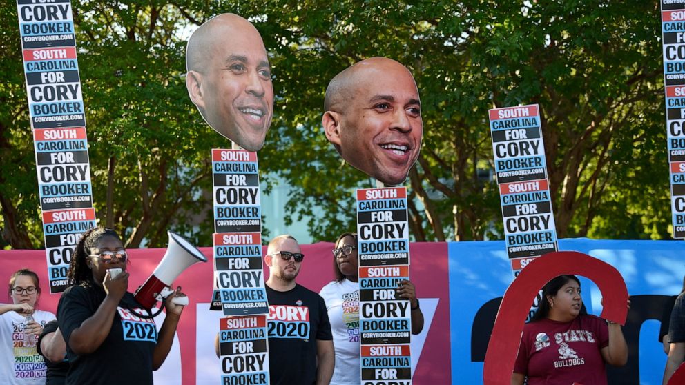 PHOTO: Supporters of New Jersey Sen. Cory Booker rally for the Democratic presidential hopeful ahead of Majority Whip Jim Clyburn's "World Famous Fish Fry" on Friday, June 21, 2019, in Columbia, S.C.