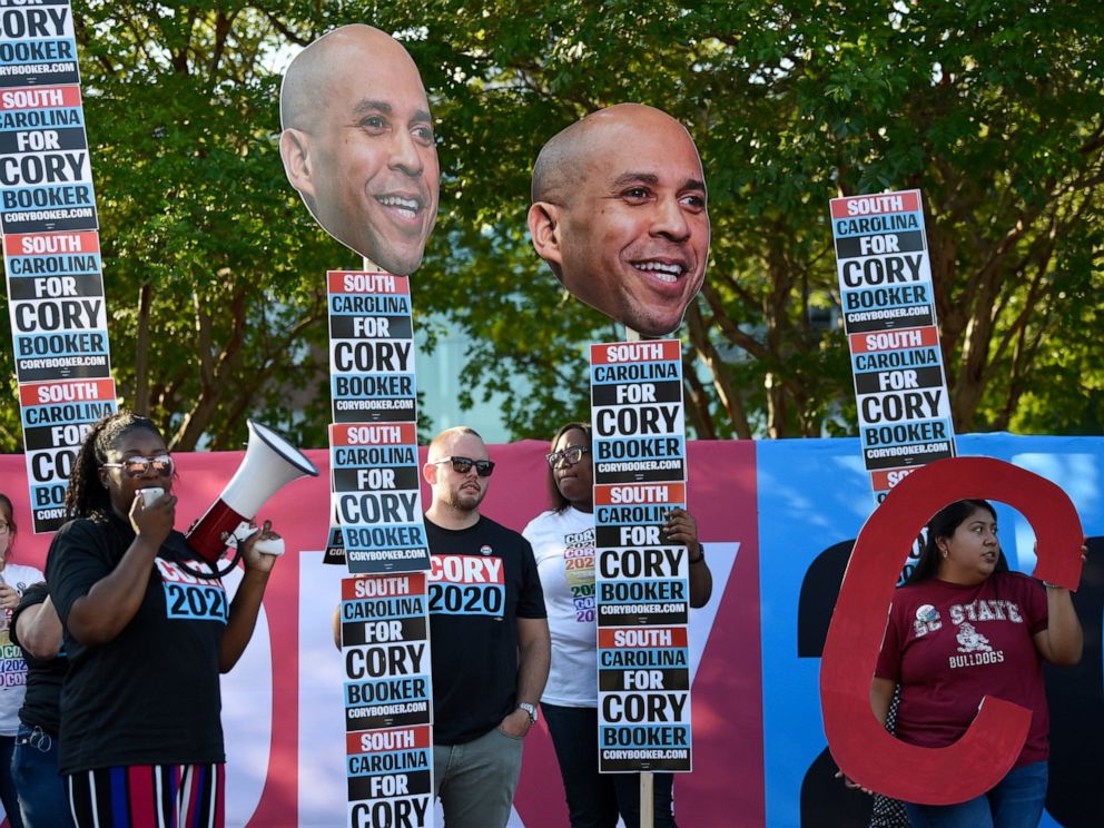 PHOTO: Supporters of New Jersey Sen. Cory Booker rally for the Democratic presidential hopeful ahead of Majority Whip Jim Clyburns World Famous Fish Fry on Friday, June 21, 2019, in Columbia, S.C.