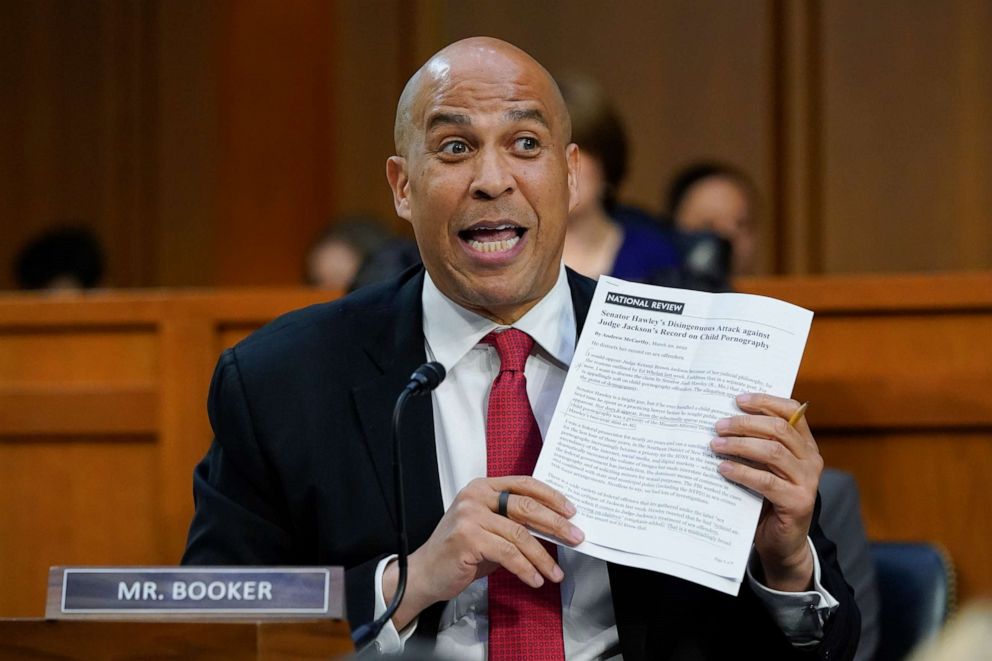 PHOTO: Sen. Cory Booker, D-N.J., questions Supreme Court nomineeÂ Ketanji Brown Jackson during a Senate Judiciary Committee confirmation hearing on Capitol Hill in Washington, Wednesday, March 23, 2022.