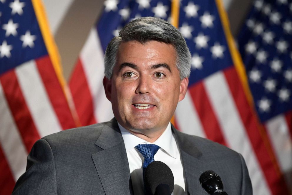 PHOTO: Sen. Cory Gardner speaks to reporters following the weekly Republican policy luncheon on Capitol Hill in Washington, June 9, 2020.