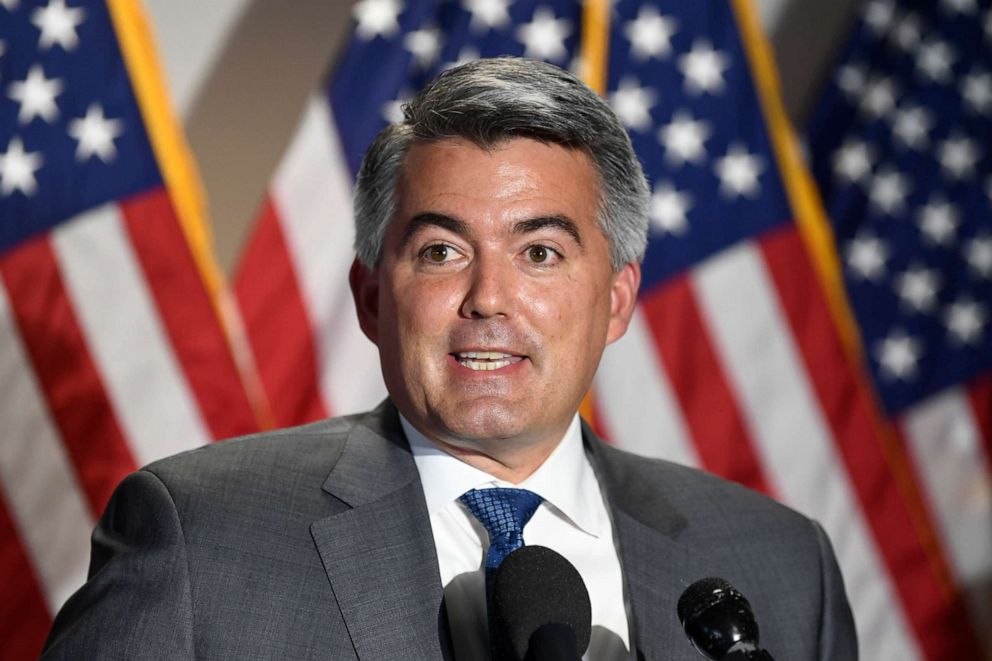 PHOTO: In this June 9, 2020, file photo, Sen. Cory Gardner speaks to reporters following the weekly Republican policy luncheon on Capitol Hill in Washington.