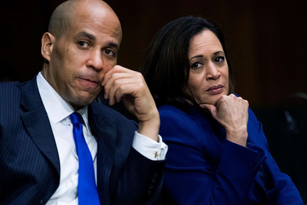PHOTO: Senator Cory Booker (D-NJ) and Senator Kamala Harris (D-CA) look on during the Senate Judiciary Committee hearing titled "Police Use of Force and Community Relations" in Dirksen Senate Office Building in Washington, D.C., June 16, 2020. 