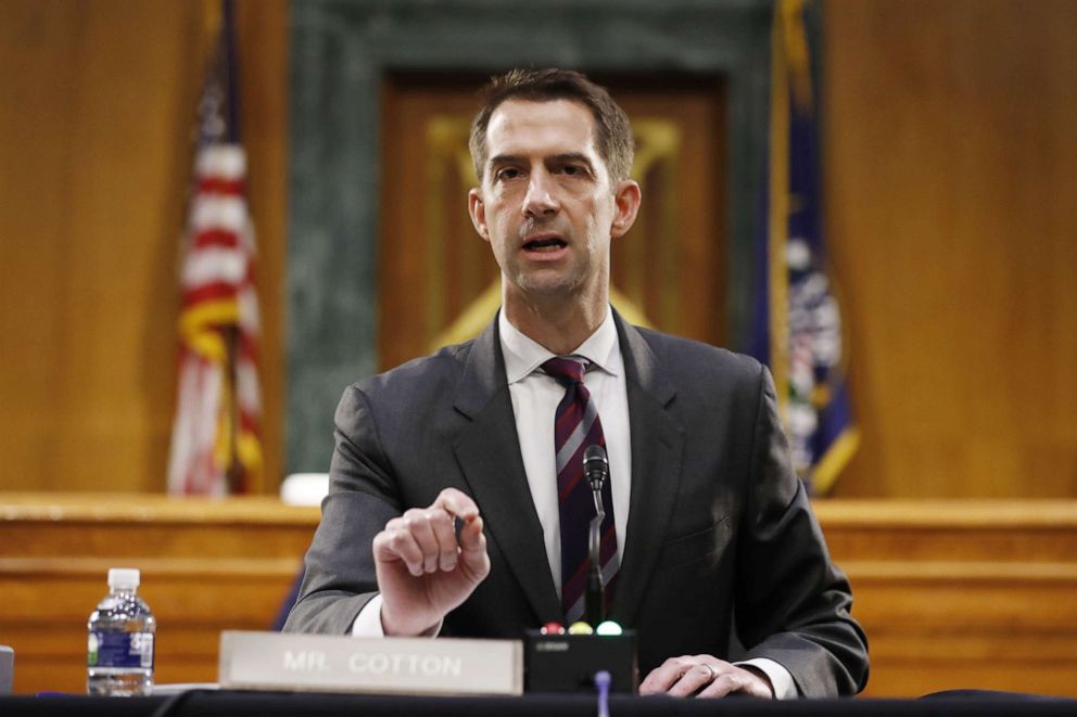 PHOTO: Senator Tom Cotton speaks during a Senate Intelligence Committee confirmation hearing for Texas Representative John Ratcliffe in Washington, May 5, 2020.