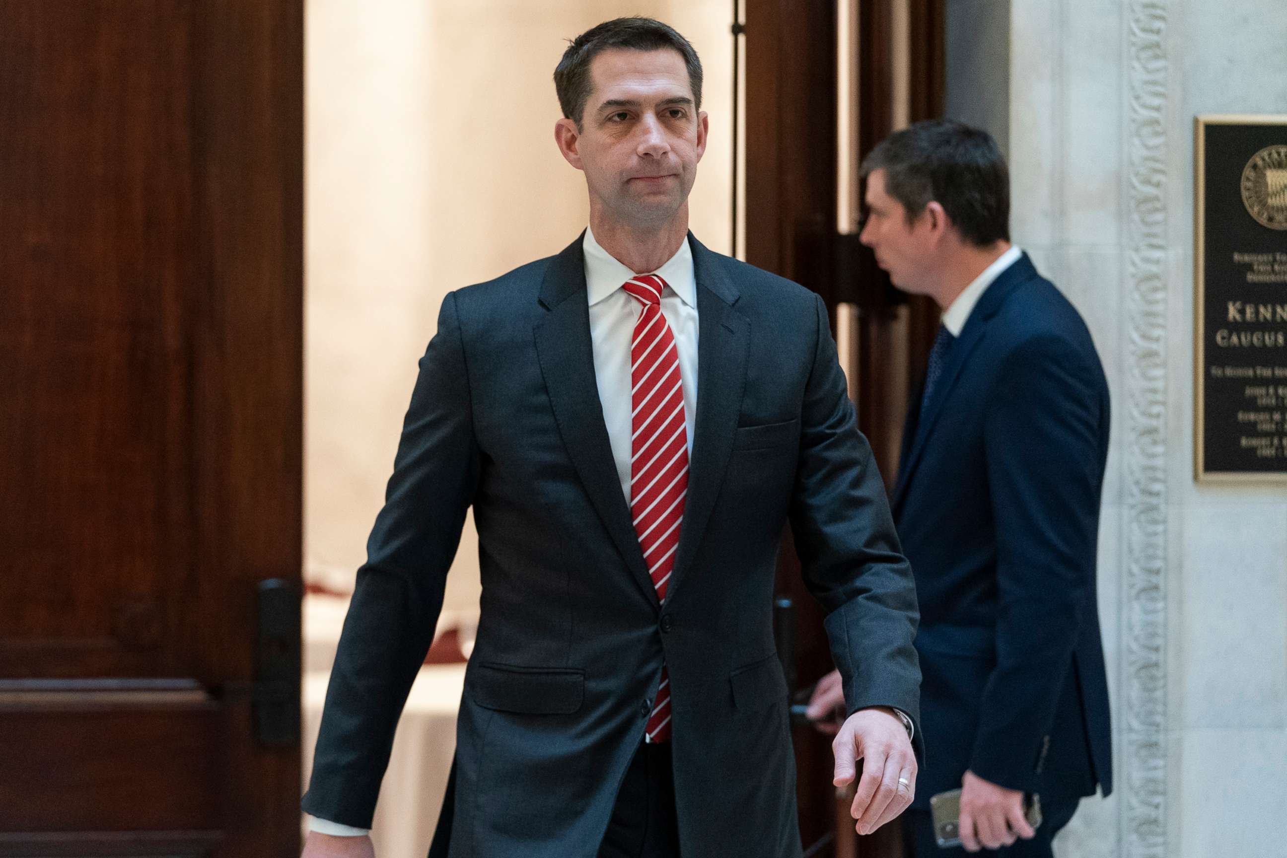 PHOTO: Sen. Tom Cotton, R-Ark., leaves a policy luncheon, Feb. 17, 2022, on Capitol Hill.