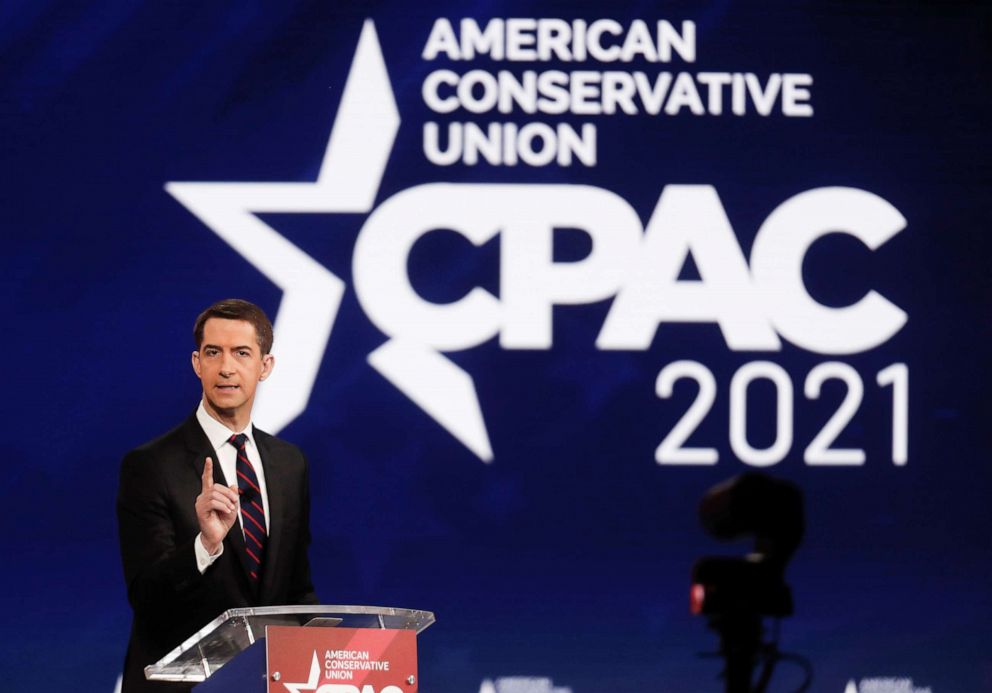 PHOTO: Sen. Tom Cotton of Arkansas speaks at the Conservative Political Action Conference (CPAC) in Orlando, Fla., Feb. 26, 2021. 