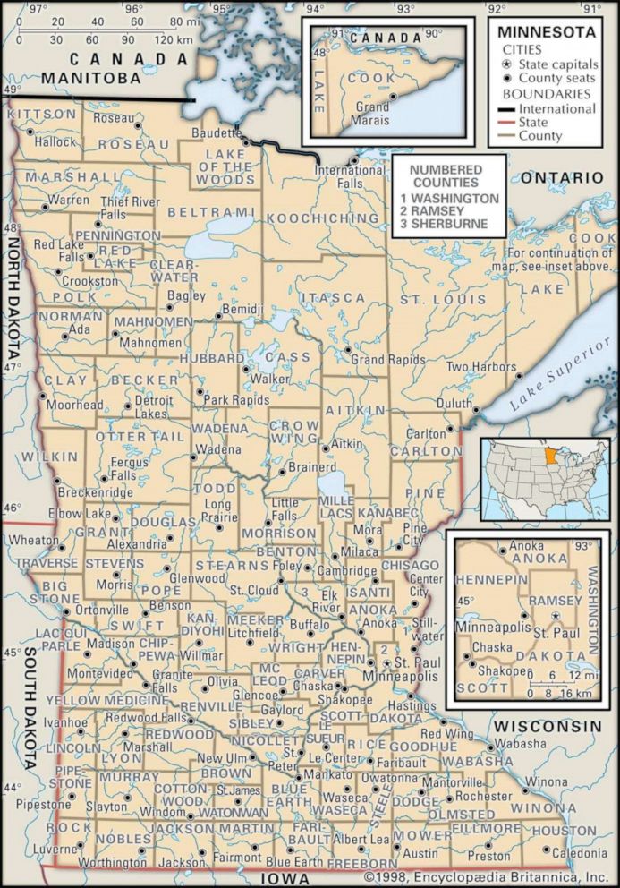 PHOTO: Map of Minnesota county boundaries and county seats.