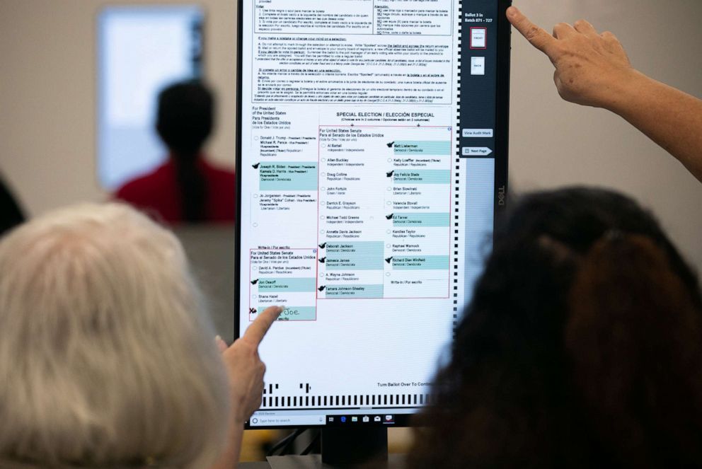 PHOTO: Members of the Gwinnett County adjudication review panel look over remaining scanned ballots at the Gwinnett Voter Registrations and Elections office on Nov. 8, 2020, in Lawrenceville, Ga.