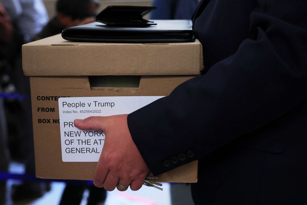 PHOTO:A box is carried as the civil fraud trial of former President Donald Trump is set to begin at New York State Supreme Court on Oct. 2, 2023 in New York City.