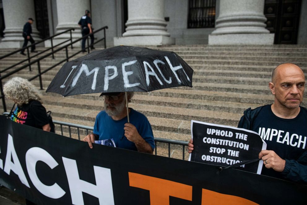 PHOTO: Demonstrators holds signs during a protest against U.S. President Donald Trump outside federal court ahead of the Trump v. Deutsche Bank AG hearing in New York, Aug. 23, 2019.