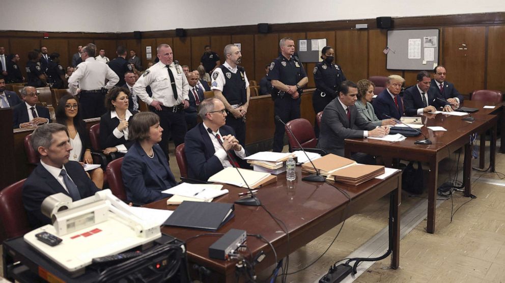 PHOTO: Former President Donald Trump appears in court with his legal team, right, for an arraignment on charges stemming from his indictment by a Manhattan grand jury, in New York City, April 4, 2023.