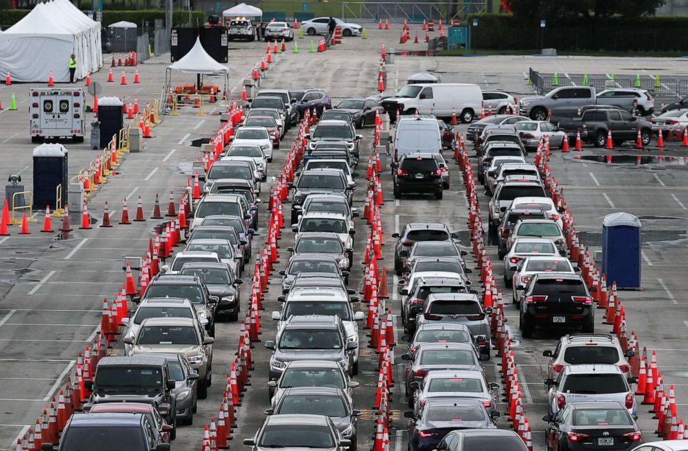 PHOTO: Cars are seen as the drivers wait to be tested for COVID-19 at the COVID test site located in the Hard Rock Stadium parking lot on July 06, 2020 in Miami Gardens, Florida.