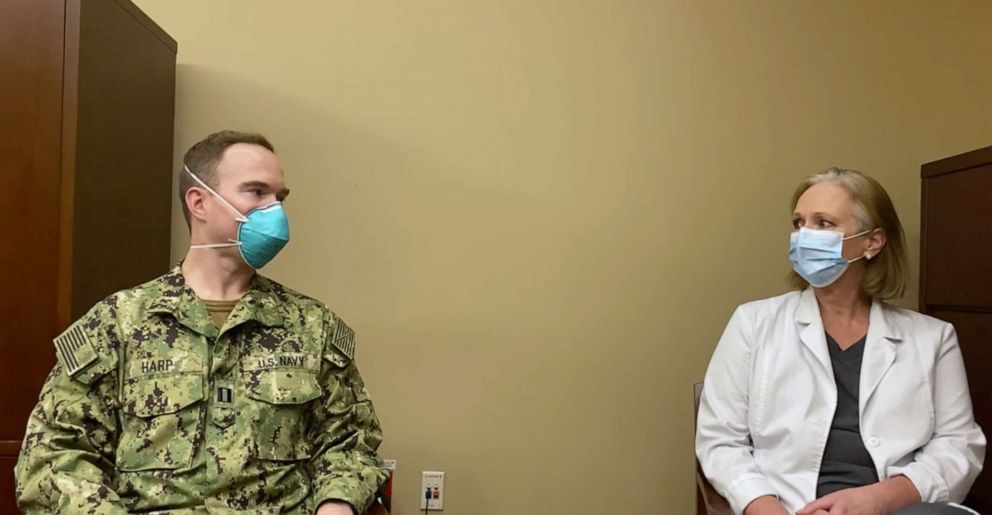 PHOTO: Navy Lt. Garrett Harp gives thanks to chief nursing officer Deborah Meeks at  Fort Duncan Regional Medical Center in Eagle Pass, Texas, in an undated photo.