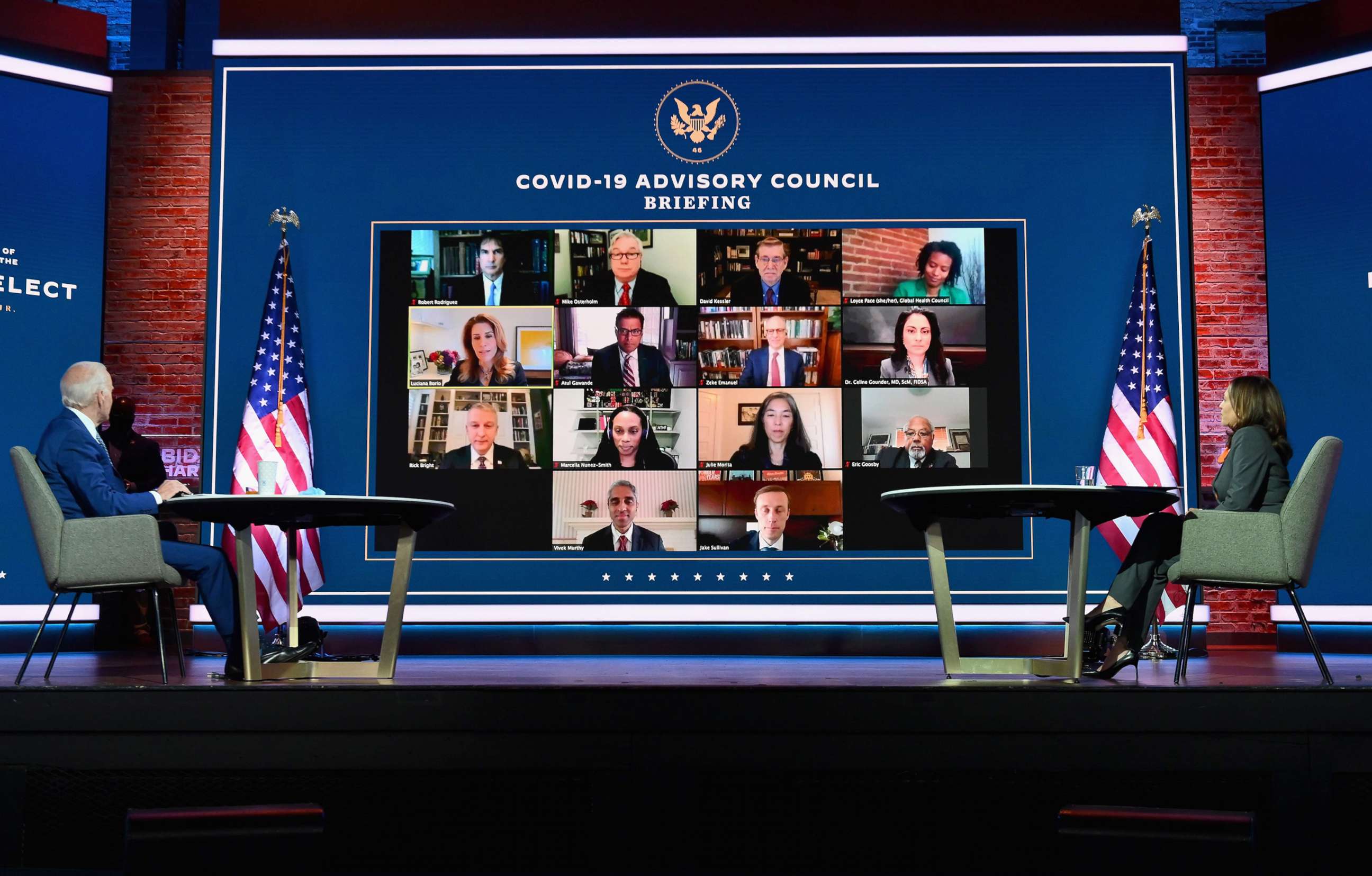 PHOTO: President-elect Joe Biden and Vice President-elect Kamala Harris speak with the Covid-19 Advisory Council during a briefing at The Queen theater on Nov. 9, 2020 in Wilmington, Del.